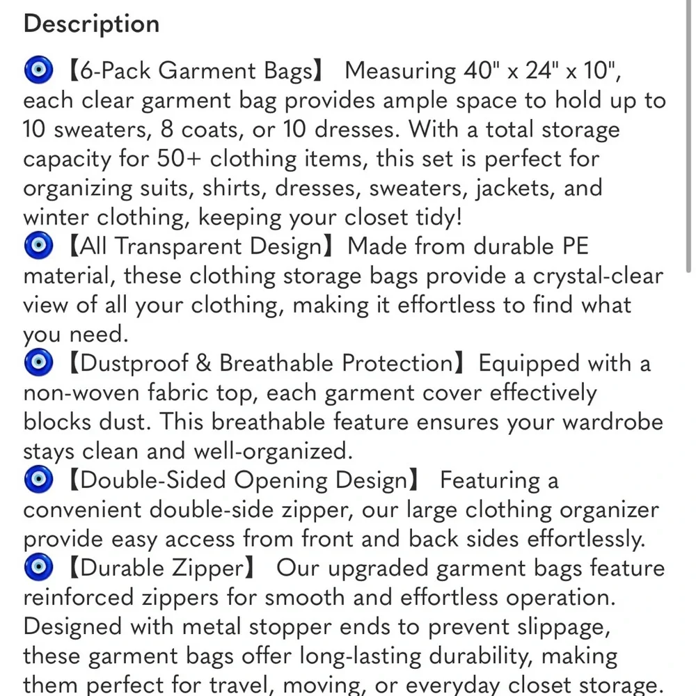 Clear Garment Bags 6 Pack Clothes Storage Dustproof Zipper Closet Coat Dress Sui